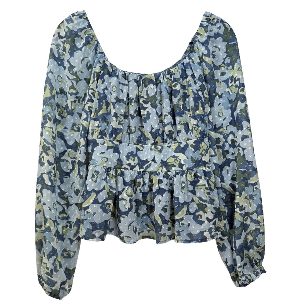 Planet Heart Peplum Top Floral Clip Dot Smocked Waist Long Sleeve Blue‎ Green L